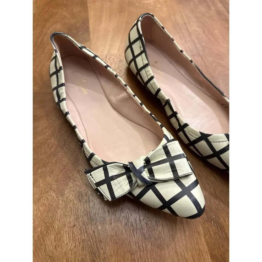 Kate Spade Suki Bow Pointed Toe Flats — Black & White Windowpane Plaid, Size 9.5